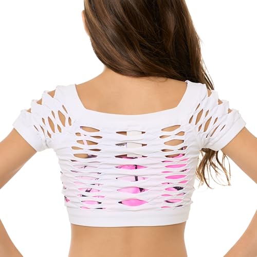 Malibu Sugar Girls Neon Shirts for Girls - Fishnet Crop Top Shirt Short Sleeve Sheer See Through Mesh Tops Perfect for Dance (Fits Ages 7-12) - Thumbnail 5