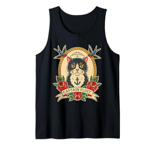 Captain Fluff Sailor Cat Nautical Retro Tattoo Old School Tank Top
