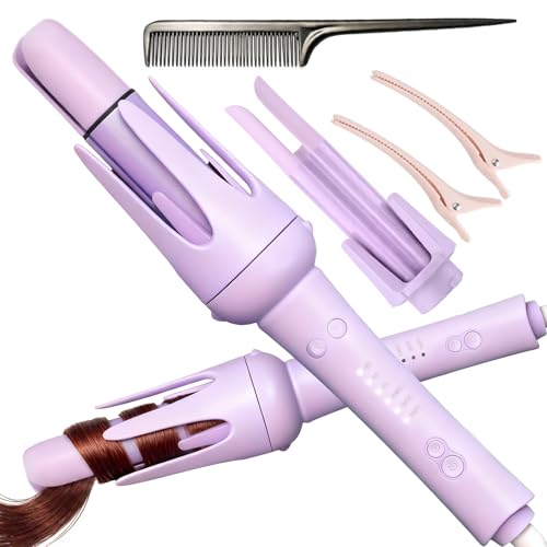 VELOZ Professional Automatic Curling Iron 1 Inch & 1.25 Inch, Rotating Curling Iron for Long Hair, Automatic Hair Curler for Travel, Dual Voltage, 3 Heat Settings, Beach Waves Tangle-Free, Purple