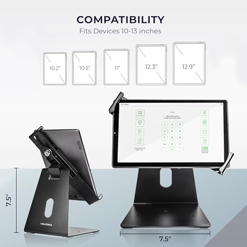 Image of Volcora Anti-Theft Tablet Stand iPad Kiosk Stand with Lock, Black 10-13'' iPad Stand for Desk, Swivel, Adjustable iPad Holder For Desk, iPad Mount For Desk For POS Register, Retail Business, Cashier