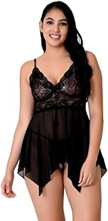 Fihana Women Sexy Floral Net Lace Babydoll Lingerie Night Robe/Nightgown Lingerie for Honeymoon with Bikini Set S-3XL Price In India