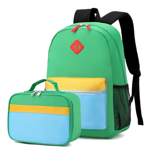 BEFUNIRISE Backpack Set for Girls Boy Kids Backpack with Lunch Box for Elementary Primary Kindergarten School Bag (Green Blue Set Large)