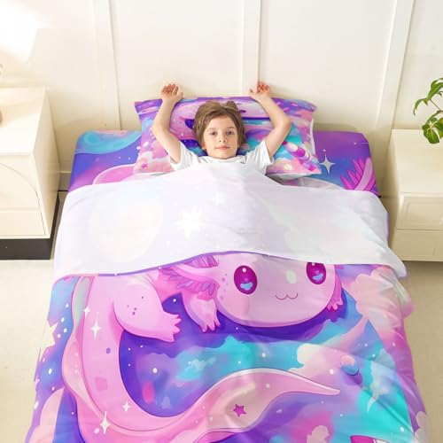 Image of jejeloiu Cute Axolotl Bed Sheets Sets Twin Size Kids Boys Girls Galaxy Planet Space Bedding Set Cartoon Animal Bed Sheet Set with 16-Inch Deep Pockets Pink Dreamy Starry 3Pcs with 1 Pillow Cases