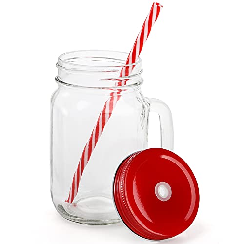Suwimut 8 Pack 16 Oz Mason Jar Mugs With Handles Lids And Straws, Wide Mouth Clear Drinking Glass Bottle Set With Colored Metal Lids, Old Fashioned Decorative Tumbler Cups For Kids And Adults #TOP1