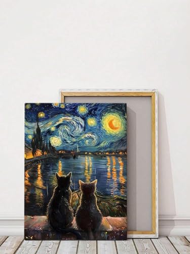 Art animalier et chat sur toile inspiration Van Gogh décoration salon cadre 42x60cm