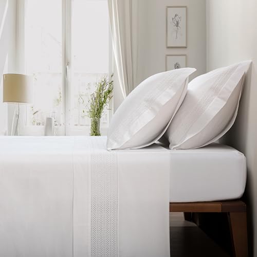 Casa da Laura Underzy Parure de lit avec broderie anglaise pour lit de 180 cm, drap plat, drap-housse ajustable et deux taies d'oreiller 100 % coton 200 fils