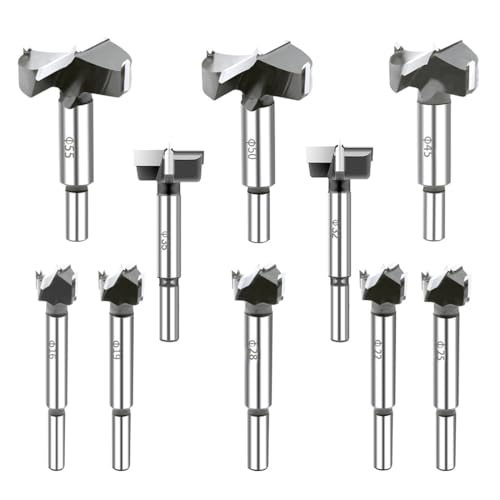 Forstner Drill Bit Set,10PCS Carbide Tipped Forstner Bit for Hard Wood, Wood Drilling Hole Saw Set Woodworking Hinge Cutter Tool Kits for Plastic Plywood