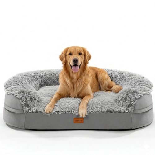 iweepet 3.7 inch Thickened Orthopedic Dog Beds for Extra Large Dogs, Fluffy Supportive Dog Sofa Bed with 28D Egg-Crate Foam, Removable Washable Cover, Waterproof Lining, Cozy Oval Design,Grey