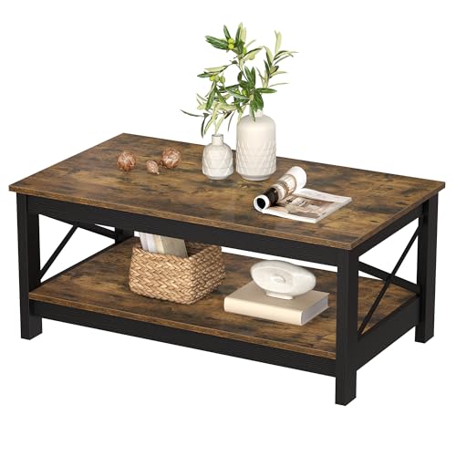 DWVO Brown Coffee Tables for Living Room Storage Coffee Table Wood Coffee Table with Thicker Legs 2 Tier Modern Coffee Tables Center Table for Living Room, Brown