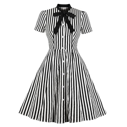 ABEHIK Damen 1950er Jahre Vertikal Gestreiftes Kleid Halloween Kostüm Cosplay Outfits Vintage Knöpfe Krawatte Rockabilly Pinup Midi Kleid, Schwarz...