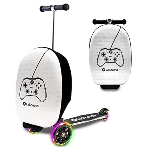 Lascoota Scooter Suitcase, Foldable Scooter Luggage For Kids - Lightweight Kids Ride on Luggage Scooter with Wheels, LED Lights - Videogame Graphic Suitcase Scooter, Ride On Suitcase for Kids Ages 2-5