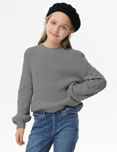 Image of Girls Crewneck Knit Pullover Sweaters Long Lantern Sleeve Oversized Knit Cute Jumper Tops
