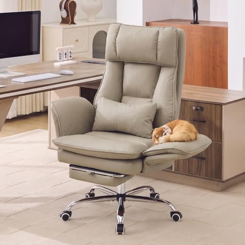 Image of Big and Tall Office Chair, Flip Armrest & Footrest for Pets, PU Khaki