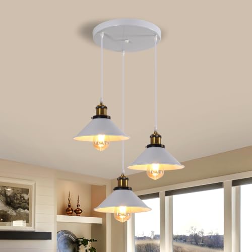 DELIPOP Lampadario a Sospensione Vintage, 3 Luci Industriale E27 Plafoniera Retro in Metallo, Illuminazione Lampada da Soffitto per Camera da Letto, Cucina, Sala da Pranzo (30cm Base, Bianco)