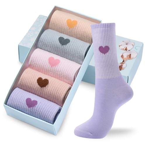 Image of Corlap Women's Cotton Crew Calf Socks - 5 Pairs Ankle High Dress Casual Socks, Fun Cute Heart Gifts for Mom Mother