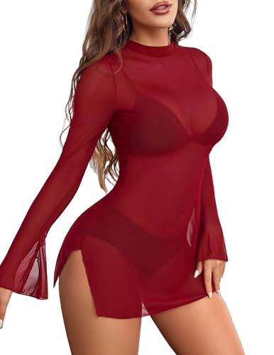 Avidlove Women's Mesh Dress Side Slit Bodycon Mini Lingerie Dress Sexy Long Sleeve Mock Neck Party Clubwear Outfits (Wine Red, Medium)