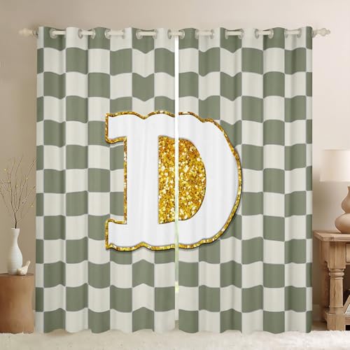 Image of Erosebridal Sage Green Checkered Blackout Curtains for Bedroom Living Room Plaid Initial D Window Curtains 2 Panels 52 inch Wx84 L Personalized Monogram Drapes,Grids Gingham Window Treatments