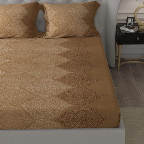Image of Cloth Fusion Glace Cotton Elastic Fitted Bedsheet Queen Size for Double Bed with 2 Pillow Covers (78X60 inches,Ogee Brown)