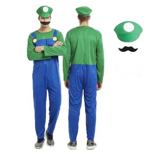 IDOTTA Super Plumber Cosplay Costume Accessories Kits for Adult Women Men with Bodysuit Hats Cap Mustaches Halloween Fancy Dress Outfit Costume