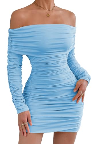 Adigau Ladies Soft Off Shoulder Outfit Comfy Mini Short Dress Prom Long Sleeve Clubwear Y2K Bodycon Dress Stylish Ruffle Dresses Light Blue L