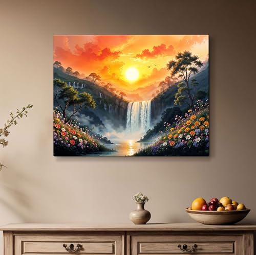 Image of ArtX Canvas Rising Sun Painting For Vastu, Big Size Wall Art Scenery, Water Stream, Waterfall Painting Vastu, Rising Sun Wall Decor, Multicolor, Nature, 58.0 X 45.0 cm, Set of 1