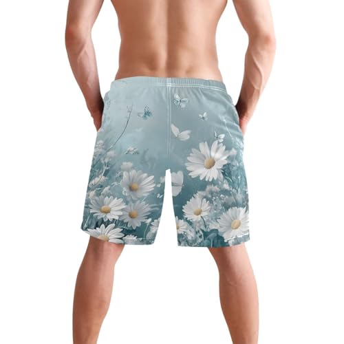 Men’s Swim Trunks White Daisy Flower Butterfly Beach Board Shorts Swimming Short Pants Running Sports Surffing Shorts3