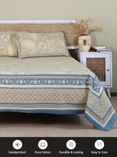 Image of Peepul Tree 100% Pure Cotton Jaipuri Handprinted Double Bedsheet Queen Size - 90 X 108 Inches with 2 Pillow Cover | 210 TC Breathable Fabric | Chintz Collection | Made in India, Beige and Navy