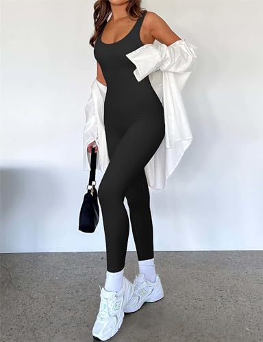 RXRXCOCO Gerippte Ärmellos Jumpsuits Damen Lang Eng Tank Rückenfreie Padded Einteiler Bauchweg Sport Yoga Overall Romper Schwarz M