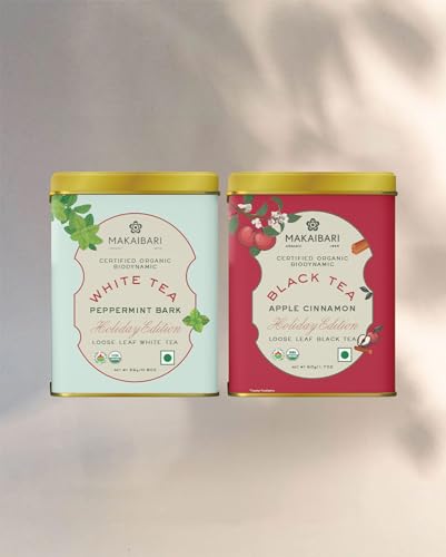 Image of Makaibari Holiday Edition : Apple Cinnamon Black Tea & White Peppermint Bark | Usda Certified Tea | Anti-Oxidants, Immunity Booster | Tin Caddy, 75gm