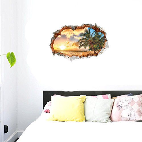 Bibitime Tropical Ocean 3D Beach Wall Stickers Sunshine Wall Art Mural Coconut Tree Vinyl Nursery Decor Decals For Bedroom Living Room #TOP3
