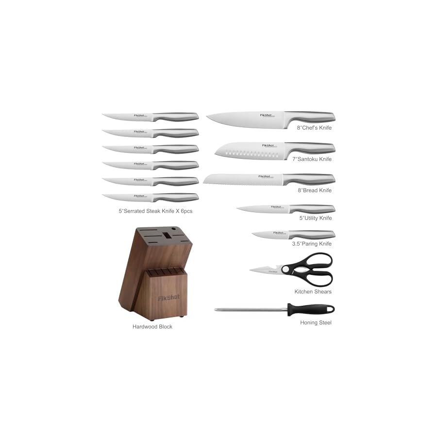 Knife Block Set, Kitchen Knife Sets with Block, FIKSHOT Knives Set - Razor-Sharp Santoku Knives, Fruit and Kitchen Sets - Rust Resistant for Homecooks (Silver + Walnut)