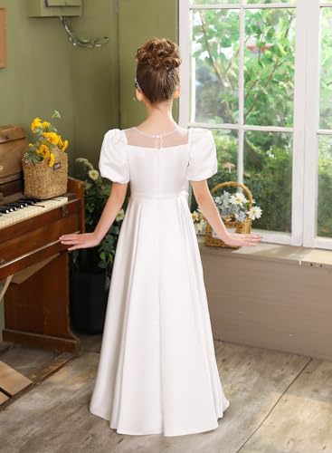 Girls First Communion Dress Satin Flower Girl Dresses for Wedding Puff Sleeves Party Ball Gown4