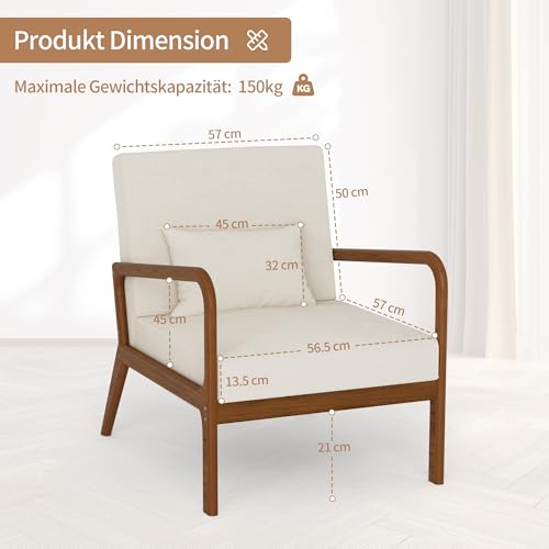 FiveWillowise Gepolsterter Sessel mit Armlehnen, Loungesessel mit Massivholzrahmen Relaxsessel für Wohnzimmer Schlafzimmer, Stoff Lehnsessel mit Lendenkissen, Ohrensessel, Polsterstuhl, Beige