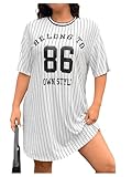 Verdusa Women's Jersey Graphic Striped Tunic Dress Crew Neck Short Sleeve Tee Shirt Dress Black and White 3X-Large Plus