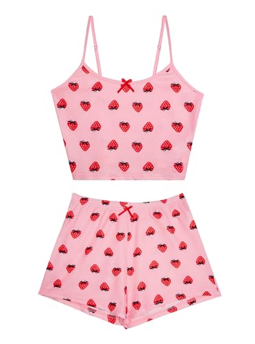 Image of Hilinker Womens Graphic 2 Piece Pajama Set Summer Cute Crop Cami and Shorts Ribbed Lounge Sets