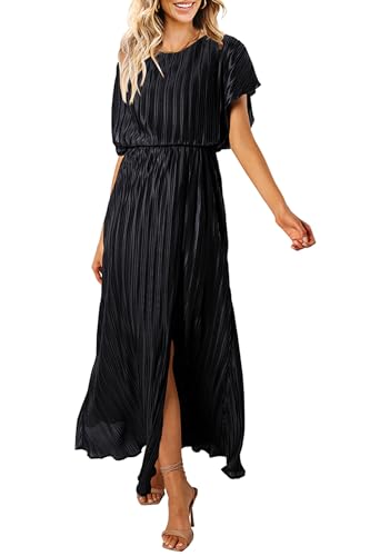Image of CCTOO Womens Summer Maxi Dresses: Casual Short Sleeve Crewneck Slit Sundress Ruffle Pleated Long Flowy Party Cocktail Dress