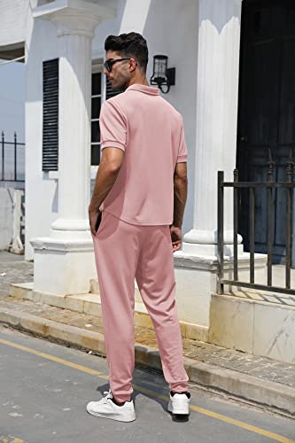 Fznhql Mens's 2 Piece Tracksuit Set Lightweight Soft Durable Sweatsuits Fashion Casual Outfit Sports Polo Shirts Two-Piece Running Jogging Sportswear Pink Xl #TOP4