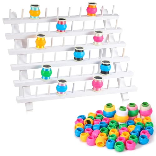 Image of Yookeer 60 Spools Wooden Thread Rack and 48 Pcs Thread Spools Savers /Spool Huggers with Hanging Hooks for Sewing Quilting Embroidery Machine Needlecraft Supplies(White)