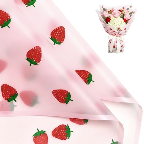 20 Sheets Pink Strawberry Flower Wrapping Paper, Matte Korean Bouquet Wrapping Paper for Valentines Day Flowers, Waterproof Flower Wrap for Florist Supplies Birthday Wedding Valentines Day Gift Wrap