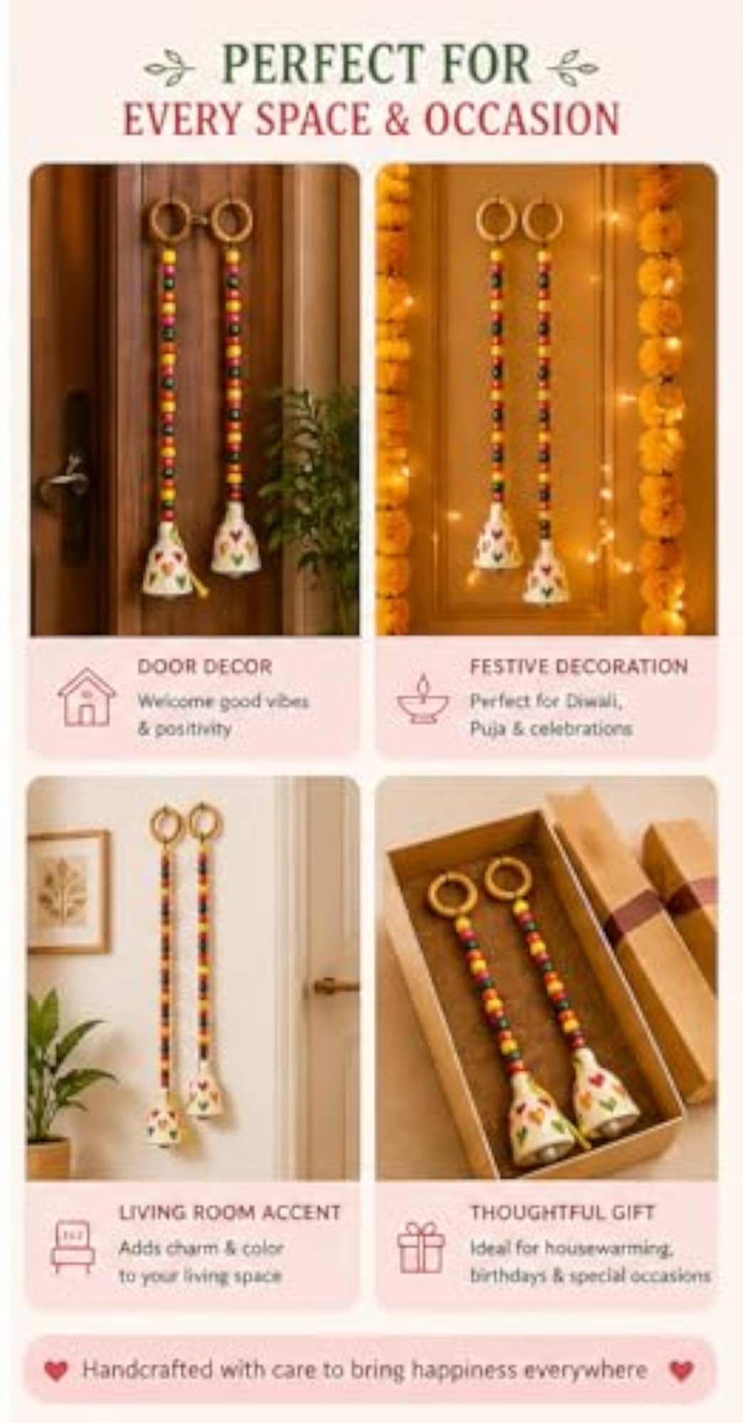 Decorative Wall Hanging Ceramic Bells with Wooden Beads
