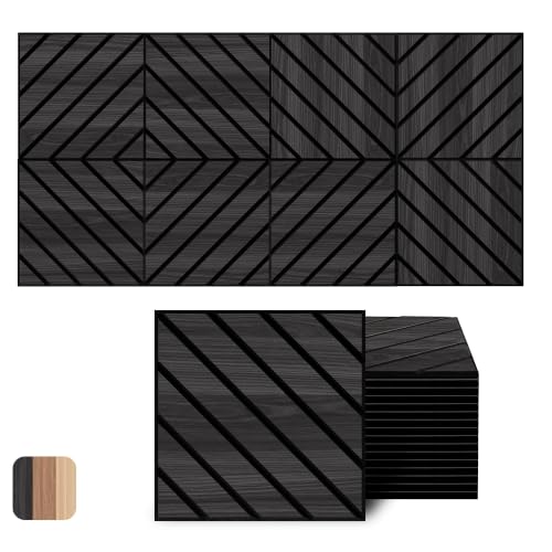 Image of WoveN SounD Acoustic Wall Panels, Black Oak, 16 Pack, 12x12 in | Self-Adhesive, NRC 0.95, Carved Pattern, Sound Proof, Echo Reduction, Sound Dampening, Home Studio, Office, Gaming Room