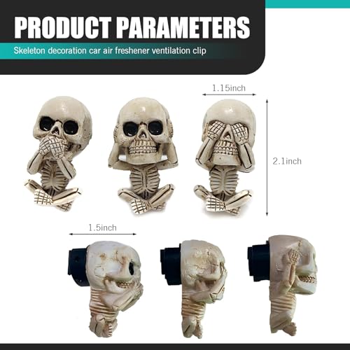 Image of 3 PCS Car Skull Air Fresh Clips, 1.15 inch x 2.1 inch Creative and Interesting Air Conditioning Vent Clips, Halloween Car Interior Accessories, Universal for Most Cars (White)