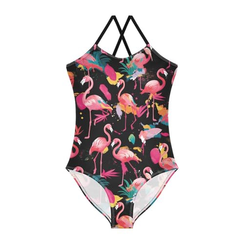 KLL Pink Flamingos on Black Background Toddler Girl One Piece Swim Suit Beach Swimwear with Adjustable Straps UPF 50+