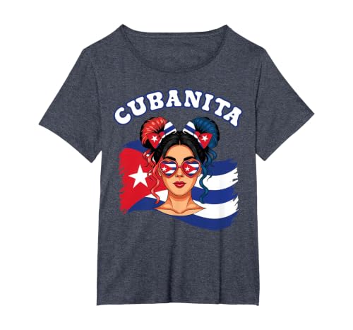 Cubanita Hispanic Heritage Messy Bun Cuban Cuba Flag Girls T-Shirt, Women's Plus, Heather Blue, 1X