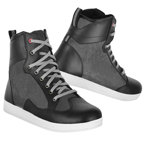 Botas Moto Hombre Microfibra Botas Motocross Impermeables Uso Urbano Refuerzo Cambio de Marchas, Botas Protectoras Zapatillas Zapatillas Moto Suela Goma Antideslizante Homologado CE (Gris, 44)
