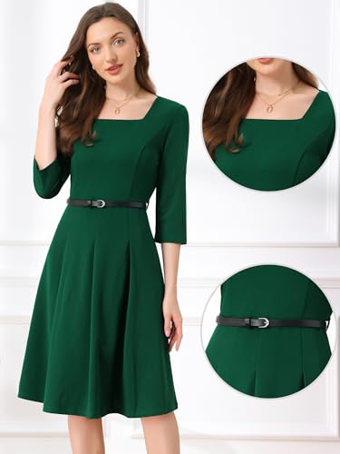 Image of Allegra K Work Dress for Women's Square Neck 3 /4 Sleeve Belted Wedding Guest Church Pleated Midi Dresses
