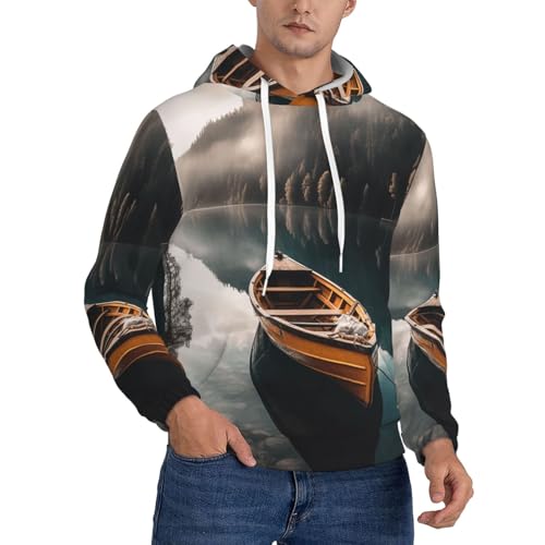 Men's Fleece Pullover Hoodie Long Sleeve Hooded Lakeside Boat Sweatshirt Casual Shirts With Pockets 4X-Large Black