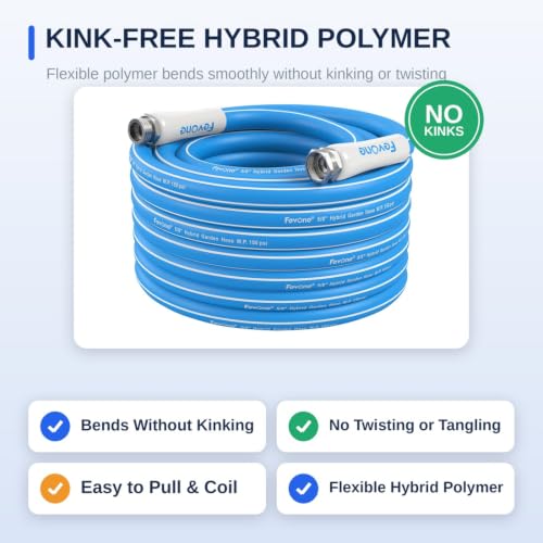 Image of FEVONE Kink Free Garden Hose 50 ft, Heavy Duty Water Hose | Flexible Hybrid Polymer, Drinking Water Safe, 5 /8 ID, 600 PSI, Leak-Proof, Aluminum 3 /4 GHT Fittings for Garden Watering