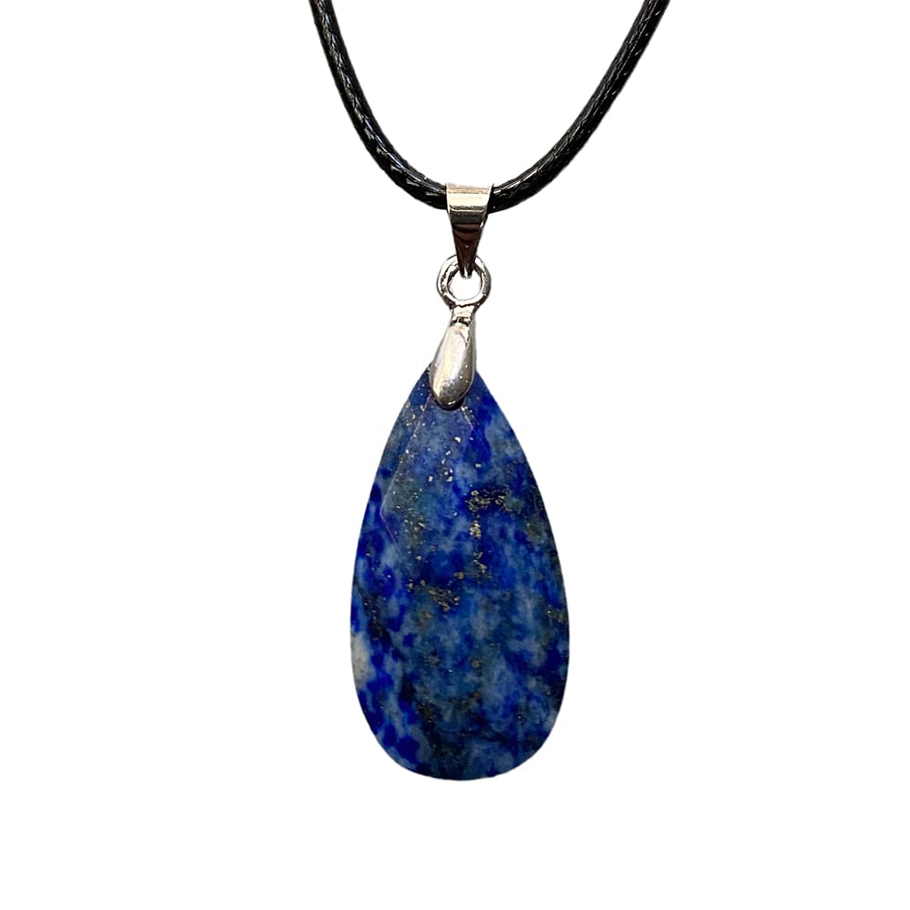 VIE Teardrop Faceted Pendant with Black Cord, 2.5x1.5cm, Lapis Lazuli