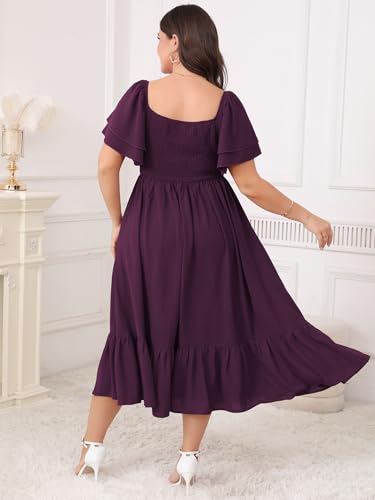 Image of SCOMCHIC Womens Plus Size Wedding Guest Cocktail Dresses Sweetheart Neckline Short Sleeve Smocked Ruffle Slit Maxi Dress